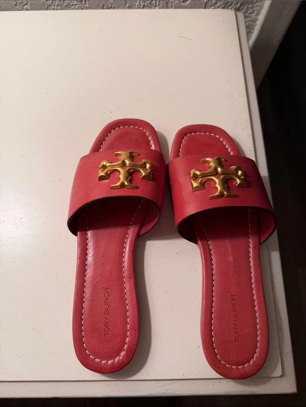 Tory Burch Red Leather Slide Sandals with Gold Emblem